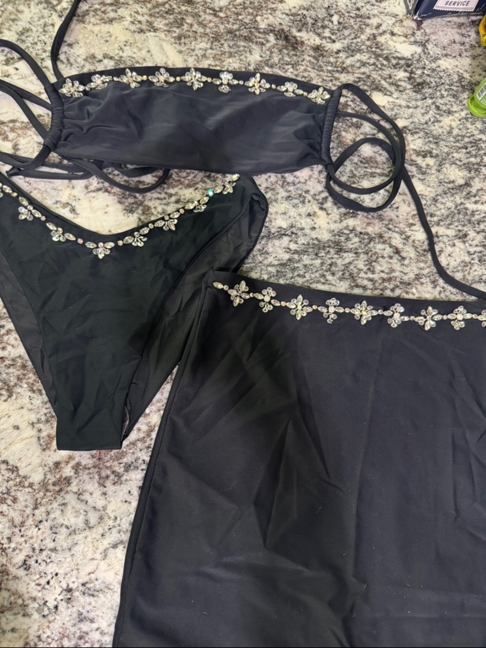 Oceanus Black Embellished Women's Swim, 3-Piece